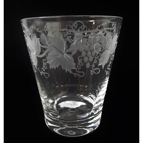 53 - William Yeowood glassware decorated with etched fruiting vine:
 6 x 16 cm champagnes; 
 6 x 14 cm an... 