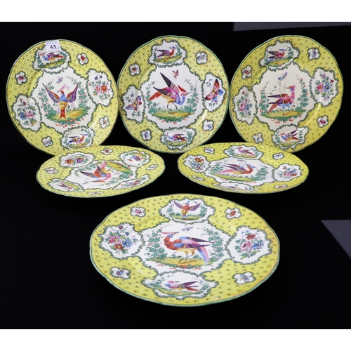 43 - Six porcelain cabinet plates in the Chelsea style (probably continental): white ground with yellow b... 