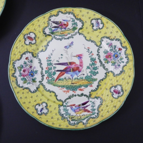 43 - Six porcelain cabinet plates in the Chelsea style (probably continental): white ground with yellow b... 