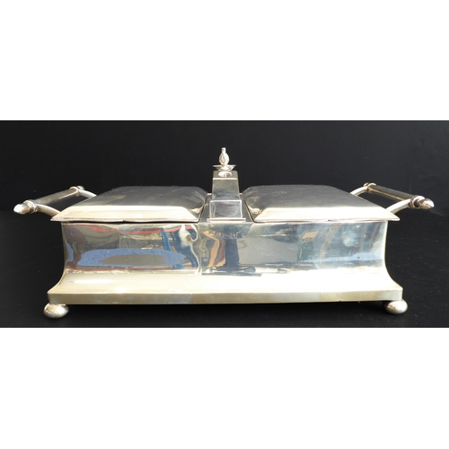 196 - A very fine and unusual thick gauge heavy, hallmarked-silver (weighted to base) smoker's desk stand:... 
