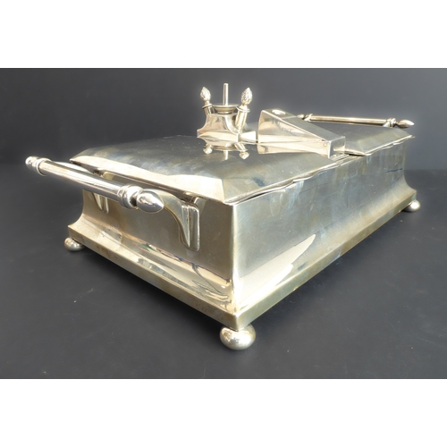 196 - A very fine and unusual thick gauge heavy, hallmarked-silver (weighted to base) smoker's desk stand:... 