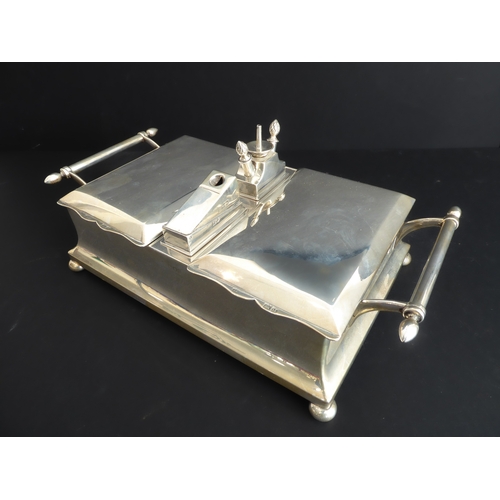 196 - A very fine and unusual thick gauge heavy, hallmarked-silver (weighted to base) smoker's desk stand:... 