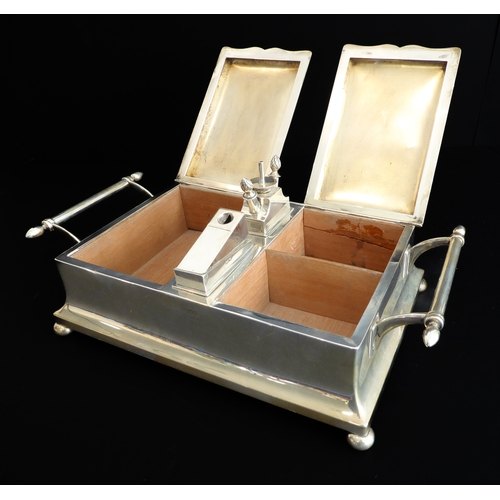 196 - A very fine and unusual thick gauge heavy, hallmarked-silver (weighted to base) smoker's desk stand:... 