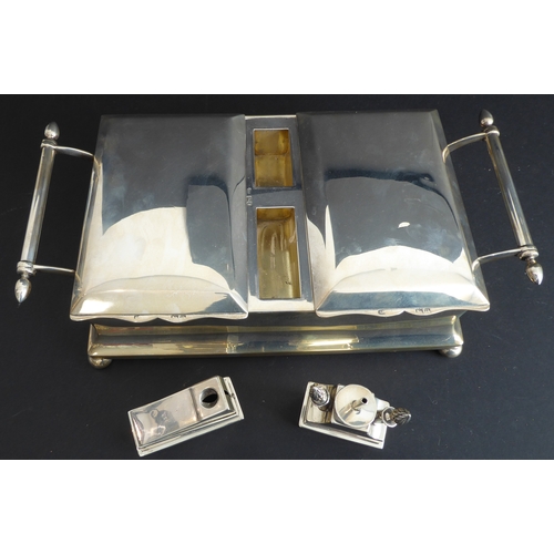 196 - A very fine and unusual thick gauge heavy, hallmarked-silver (weighted to base) smoker's desk stand:... 