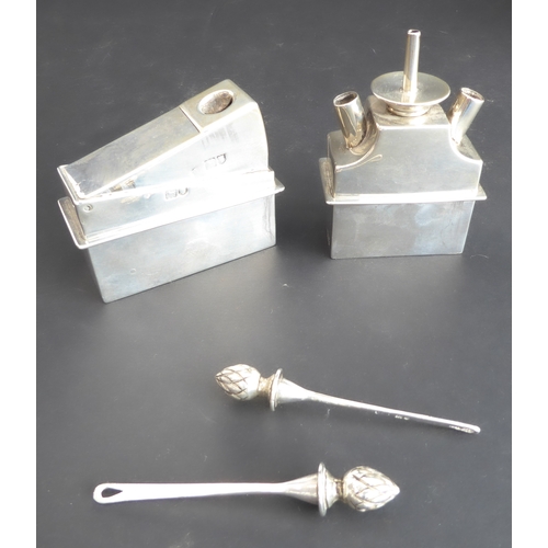 196 - A very fine and unusual thick gauge heavy, hallmarked-silver (weighted to base) smoker's desk stand:... 