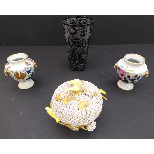 25 - A group of four comprising:
 a pair of early 19th century urn-style vases hand-gilded and decorated ... 