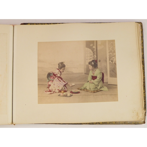 398 - A fascinating late 19th century Japanese folio of high-definition colour plates depicting figures, s... 
