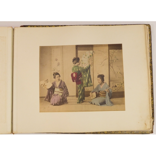 398 - A fascinating late 19th century Japanese folio of high-definition colour plates depicting figures, s... 