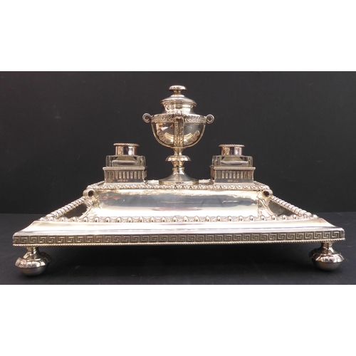 178 - A very fine hallmarked-silver desk stand: having a central urn with circular hinged lid, flanked by ... 
