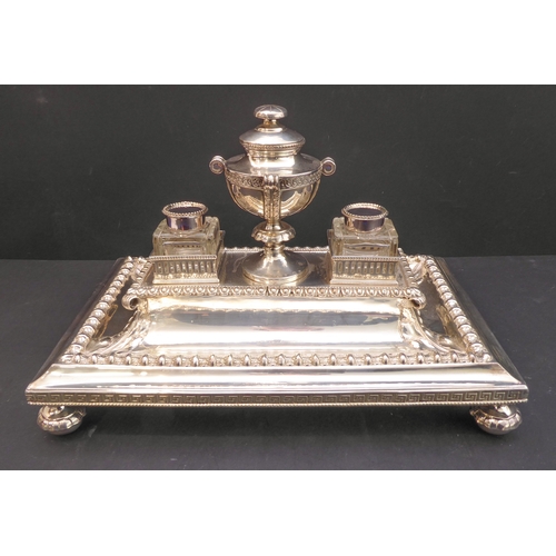 178 - A very fine hallmarked-silver desk stand: having a central urn with circular hinged lid, flanked by ... 
