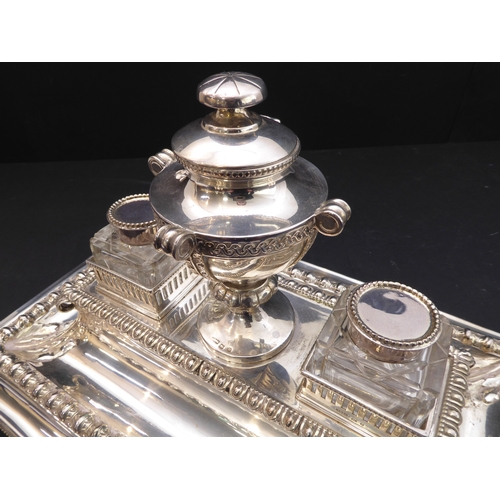 178 - A very fine hallmarked-silver desk stand: having a central urn with circular hinged lid, flanked by ... 