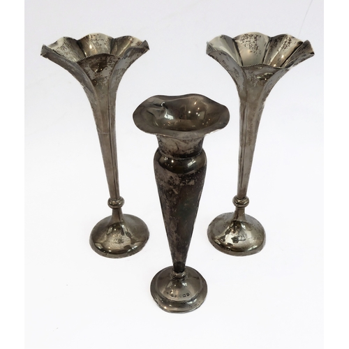 209 - A pair of hallmarked-silver bud vases engraved with armorial crest, together with another smaller ex... 