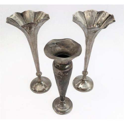 209 - A pair of hallmarked-silver bud vases engraved with armorial crest, together with another smaller ex... 