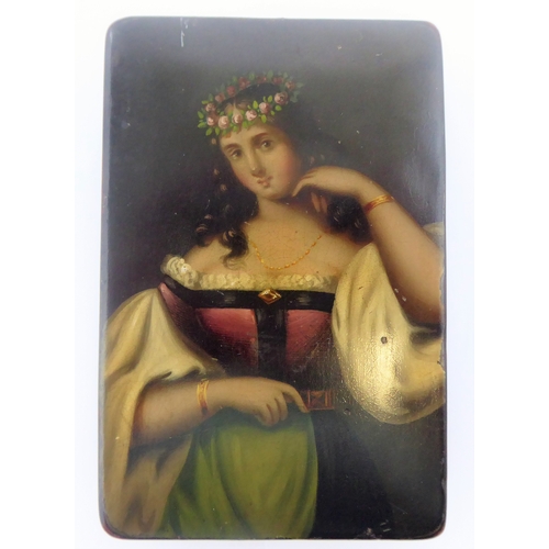 357 - In the manner of Stobwasser, an early/mid 19th century rectangular papier-mâché snuff box: the hinge... 