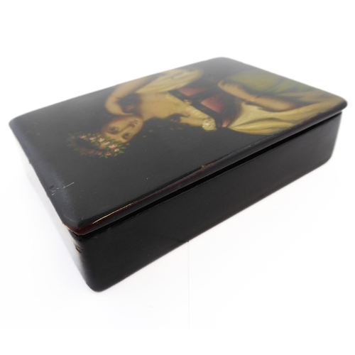 357 - In the manner of Stobwasser, an early/mid 19th century rectangular papier-mâché snuff box: the hinge... 