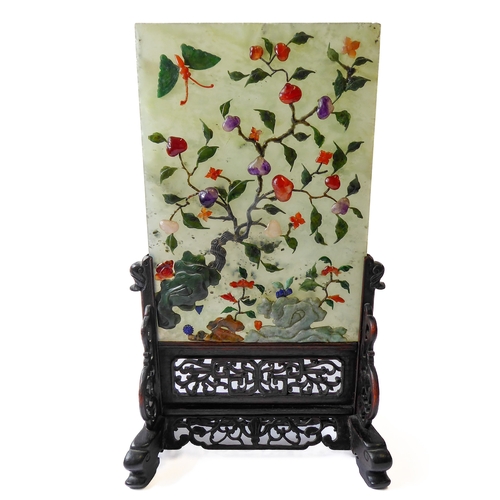 358 - Qing Dynasty, a Chinese mottled celadon jade table screen inlaid with various hardstones including l... 