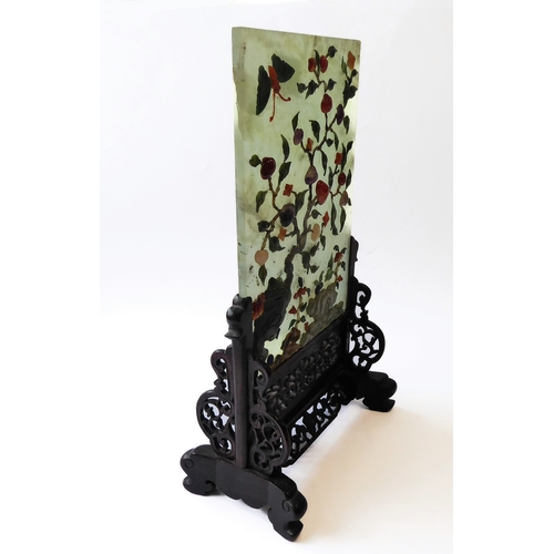 358 - Qing Dynasty, a Chinese mottled celadon jade table screen inlaid with various hardstones including l... 