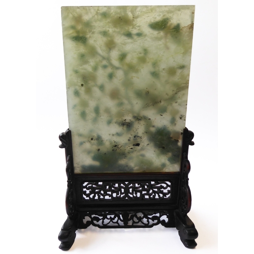 358 - Qing Dynasty, a Chinese mottled celadon jade table screen inlaid with various hardstones including l... 