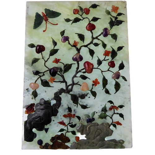 358 - Qing Dynasty, a Chinese mottled celadon jade table screen inlaid with various hardstones including l... 