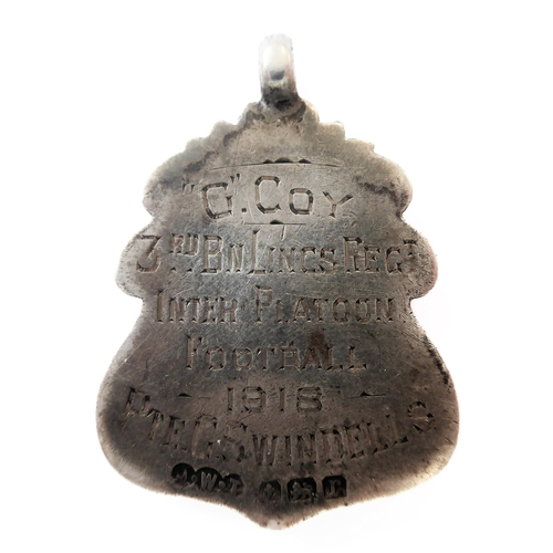 363 - A WWI gold-coloured shield mounted presentation pendant engraved to the reverse ''G'. Coy 3 RD BN Li... 