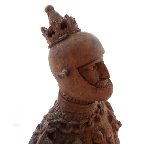 407 - A finely carved wooden figure model of a high-ranking knight in full armour, coronet upon his head (... 
