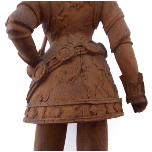 407 - A finely carved wooden figure model of a high-ranking knight in full armour, coronet upon his head (... 