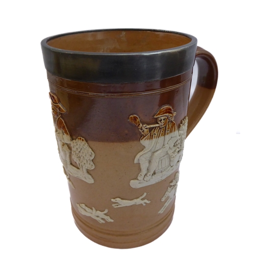 55 - Seven salt-glazed stoneware ale tankards each with ribbed strap handles, together with a Doulton Lam... 