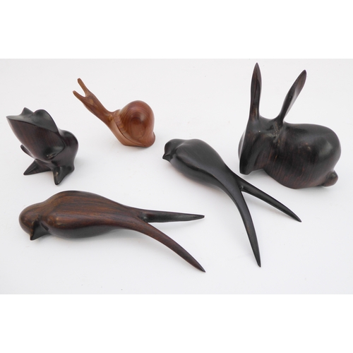 374 - JOHN MAINWARING - a collection of five hand-carved birds and animals to include a pair of swallows a... 