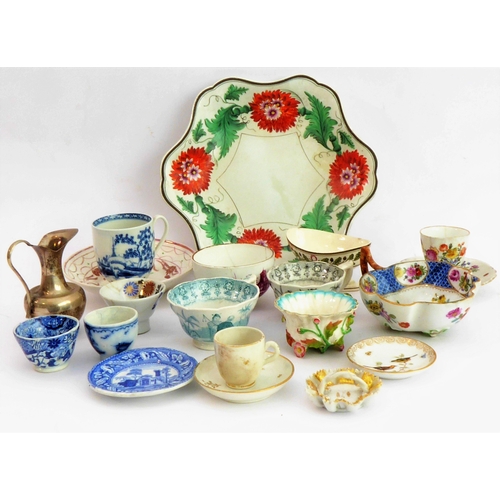 38 - Early/mid 19th century ceramics to include various cups, bowls, saucers, a leaf-shaped cup with hand... 