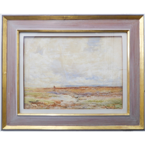 477 - CLAUDE HAYER - A lone rider with his dog on a moor, watercolour, signed (17 x 23½; 43.5 x 59.5cm). P... 