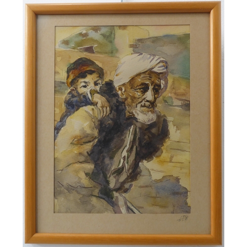 480 - An Orientalist watercolour study of a bearded man with turban carrying a child upon his back (26cm x... 