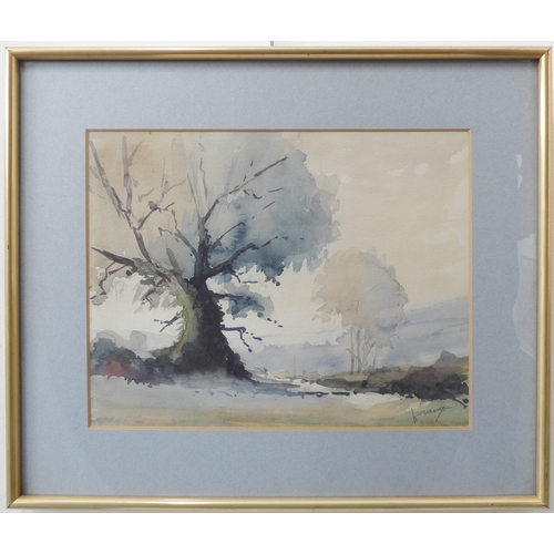 481 - A mid-20th century watercolour sketch of trees within countryside surroundings and hills to the back... 