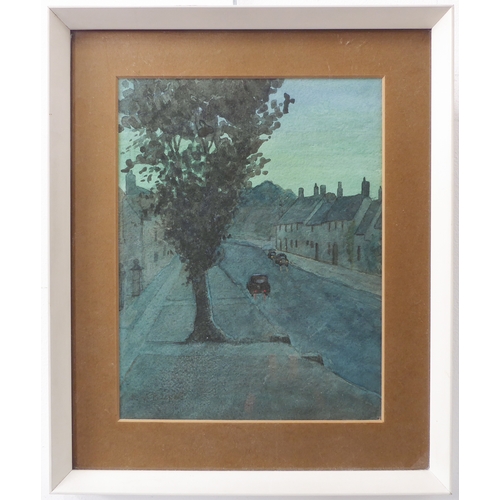 490 - A mid-20th century atmospheric watercolour study of Burford (Oxon), apparently unsigned, framed and ... 