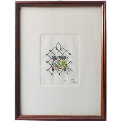 493 - Dr KHOSROW SALEHI (Persian, 20th century), a coloured etching of flower pots through a latticework w... 