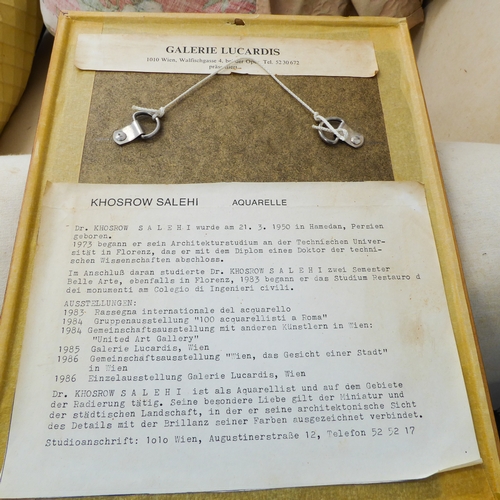 493 - Dr KHOSROW SALEHI (Persian, 20th century), a coloured etching of flower pots through a latticework w... 