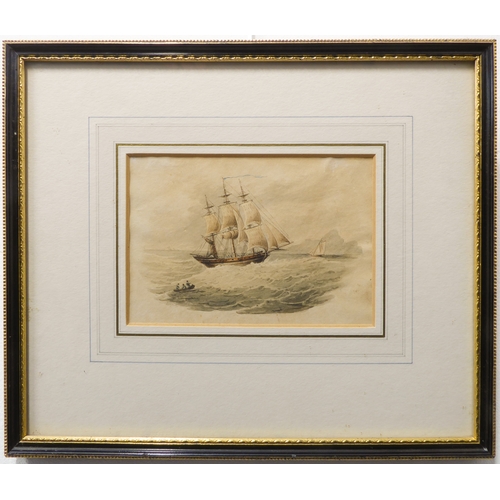 497 - 18th century English School - A Navy sloop running with the wind, watercolour vignette (4½ x 6½in; 1... 