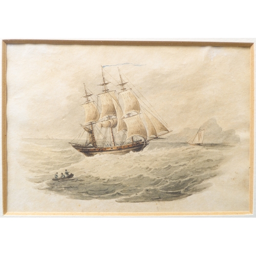 497 - 18th century English School - A Navy sloop running with the wind, watercolour vignette (4½ x 6½in; 1... 