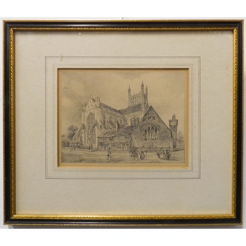 500 - Early 19th century English School - Figures cavorting before a parish church, pencil (5¾ x 7¾ (14.5 ... 