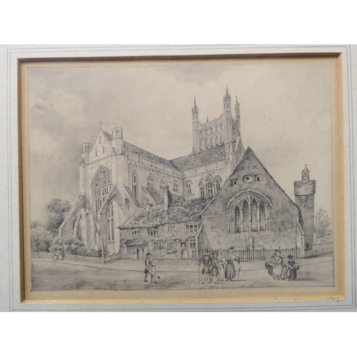 500 - Early 19th century English School - Figures cavorting before a parish church, pencil (5¾ x 7¾ (14.5 ... 
