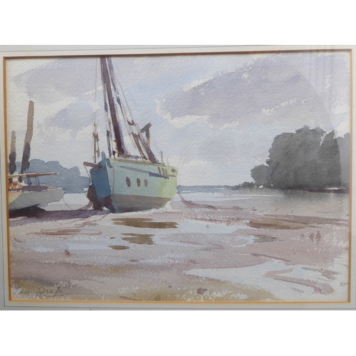 504 - EDWARD BRIAN SEAGO R B A, ARWS, RWS (British, 1910-1974) -  study of boats moored up at low tide, wa... 