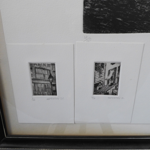 511 - A limited edition (4 of 10) monochrome etching, 'Rue Custine'; signed and dated A P Corner '82, with... 