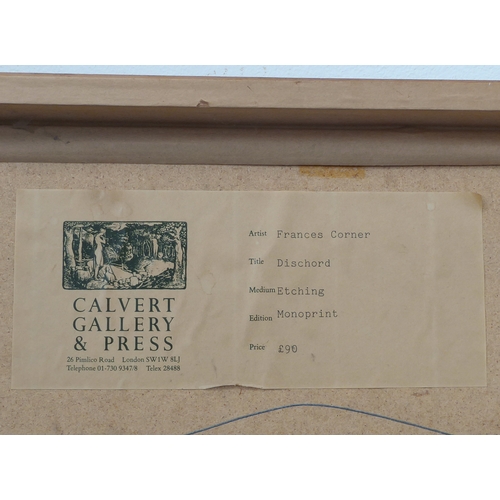 513 - A framed and glazed monoprint etching 'Dischord', signed and dated in pencil lower right Frances Cor... 