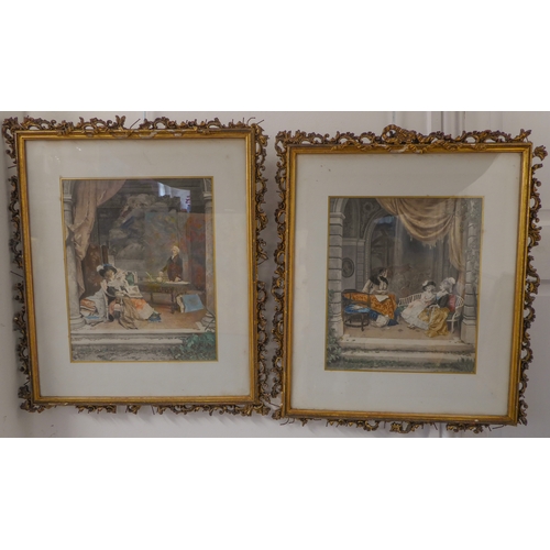 522 - After LUCIUS ROSSI - The Ladies' Education, coloured lithograph, a pair, decorative gilt-gesso frame... 