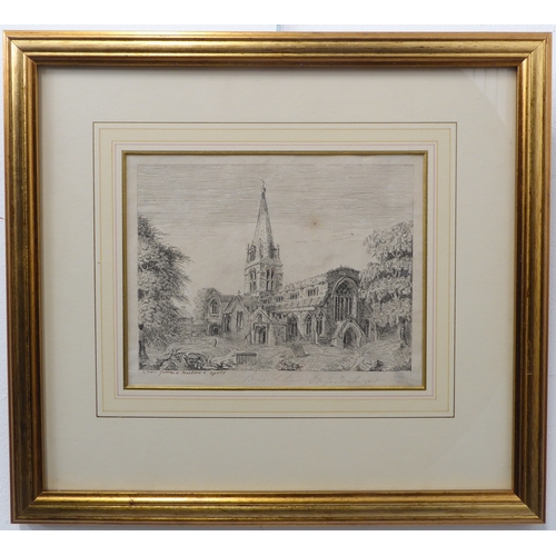 523 - Early 20th century English School - Prospect of St Mary's Church, Bampton, Oxfordshire, b & w engrav... 