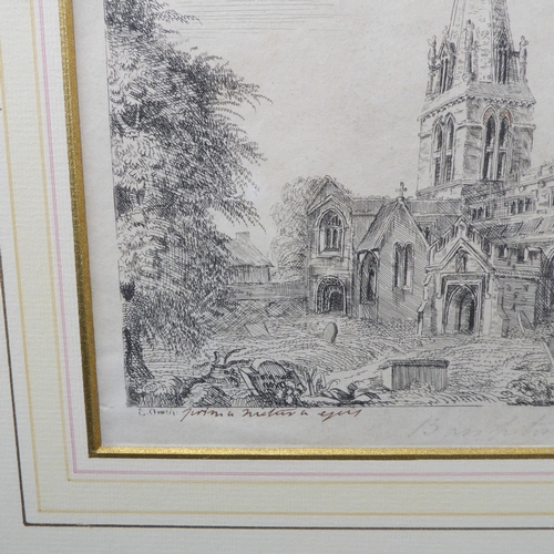 523 - Early 20th century English School - Prospect of St Mary's Church, Bampton, Oxfordshire, b & w engrav... 