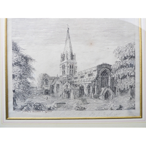 523 - Early 20th century English School - Prospect of St Mary's Church, Bampton, Oxfordshire, b & w engrav... 