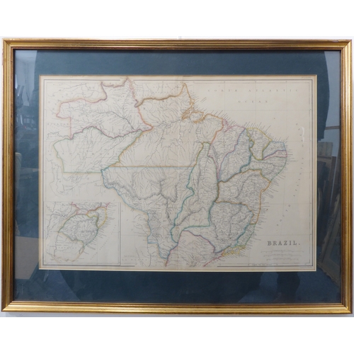 525 - A large gilt framed and glazed (later) hand-coloured map engraving 'Brazil': drawn and engraved by J... 