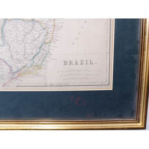 525 - A large gilt framed and glazed (later) hand-coloured map engraving 'Brazil': drawn and engraved by J... 