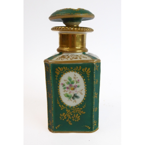 15 - A 19th century French porcelain scent bottle and mushroom-shaped stopper: both hand-gilded and decor... 