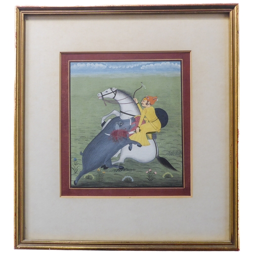 475 - A late 19th / early 20th century Indian gouache study of wild boar hunting, later glazed gilt frame,... 